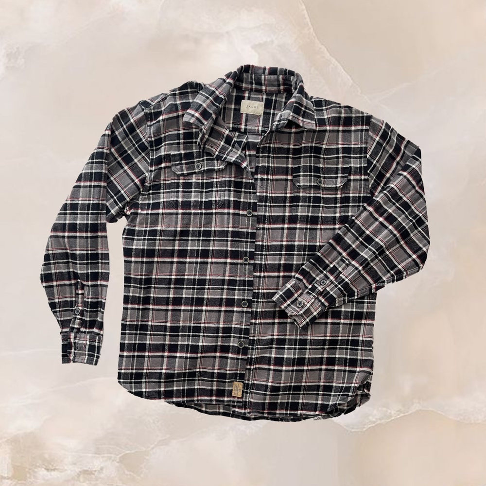 JACHS Plaid Black Grey Red Cotton Button Up Flannel Shirt Men's Size L Large